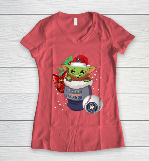 Houston Astros Christmas Baby Yoda Star Wars Funny Happy MLB Women's V-Neck T-Shirt 6