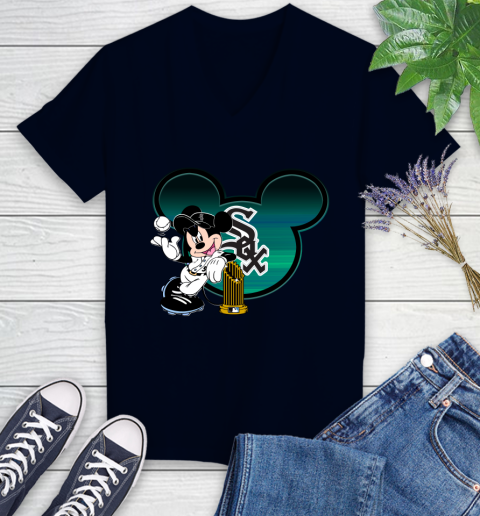 MLB Chicago White Sox The Commissioner's Trophy Mickey Mouse Disney Women's V-Neck T-Shirt 3