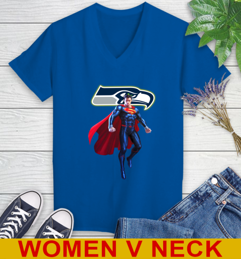 NFL Superman DC Sports Football Seattle Seahawks Women's V-Neck T-Shirt 11