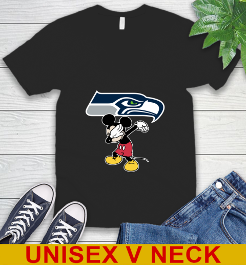 Seattle Seahawks NFL Football Dabbing Mickey Disney Sports V-Neck T-Shirt 2