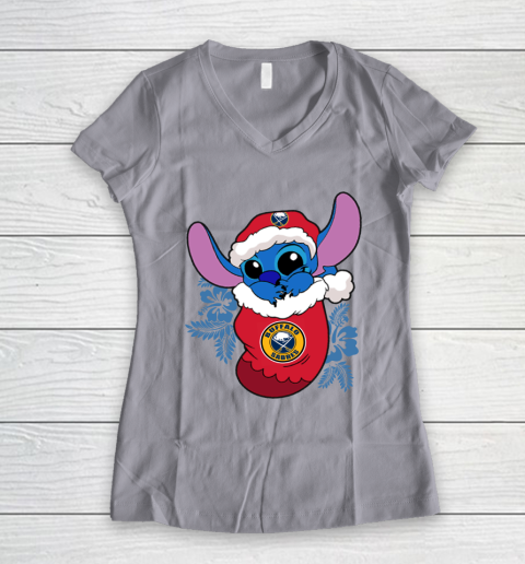 Buffalo Sabres Christmas Stitch In The Sock Funny Disney NHL Women's V-Neck T-Shirt 4