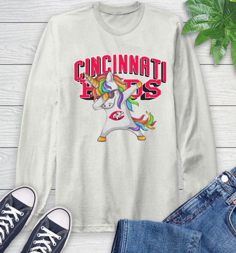 Cincinnati Reds MLB Baseball Funny Unicorn Dabbing Sports Long Sleeve T-Shirt 12