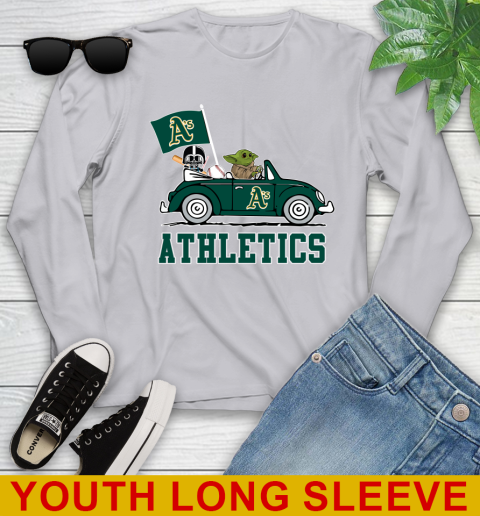 MLB Baseball Oakland Athletics Darth Vader Baby Yoda Driving Star Wars Shirt Youth Long Sleeve - Image 7
