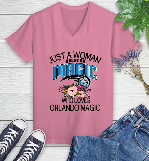 NBA Just A Woman Who Loves Orlando Magic Basketball Sports Women's V-Neck T-Shirt 8