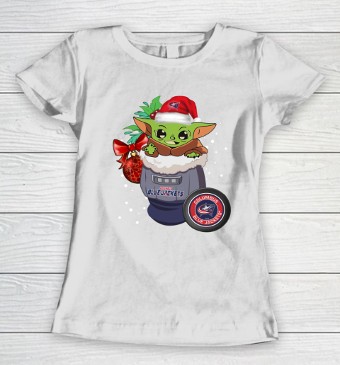 Columbus Blue Jackets Christmas Baby Yoda Star Wars Funny Happy NHL Women's T-Shirt 3