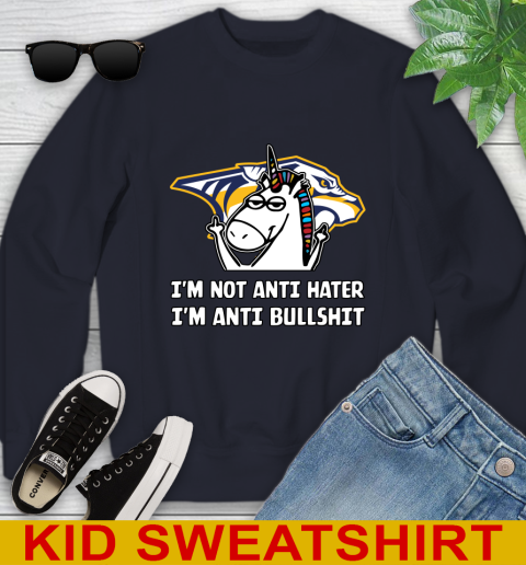 Nashville Predators NHL Hockey Unicorn I'm Not Anti Hater I'm Anti Bullshit Youth Sweatshirt 3