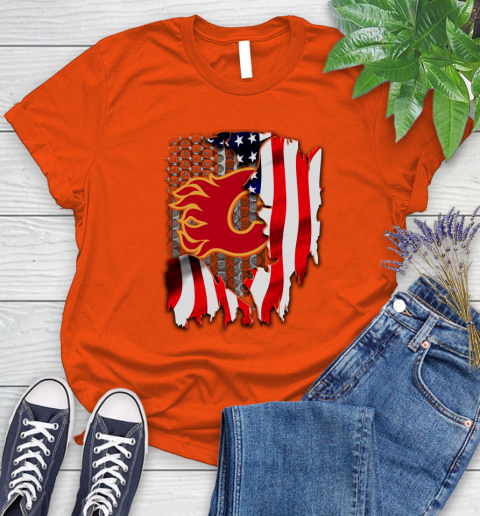 Calgary Flames NHL Hockey American Flag Women's T-Shirt 4 Calgary Flames NHL Hockey American Flag Women's T-Shirt - Image 4
