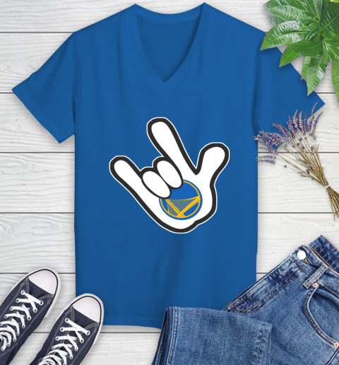 Golden State Warriors NBA Basketball Mickey Rock Hand Disney Women's V-Neck T-Shirt 10