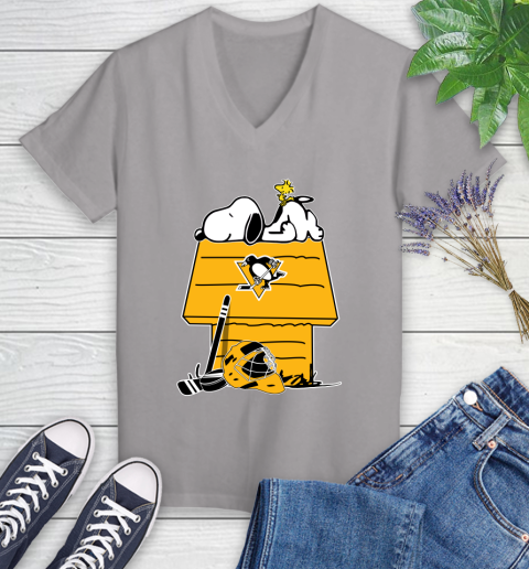 Pittsburgh Penguins NHL Hockey Snoopy Woodstock The Peanuts Movie Women's V-Neck T-Shirt 4