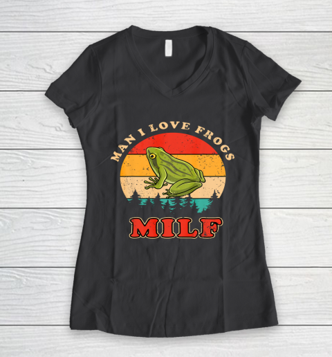 MILF Man I Love Frogs Funny Retro Frog Women's V-Neck T-Shirt 6