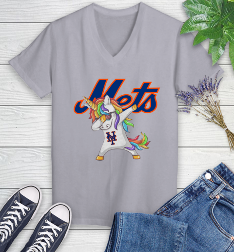 New York Mets MLB Baseball Funny Unicorn Dabbing Sports Women's V-Neck T-Shirt 4
