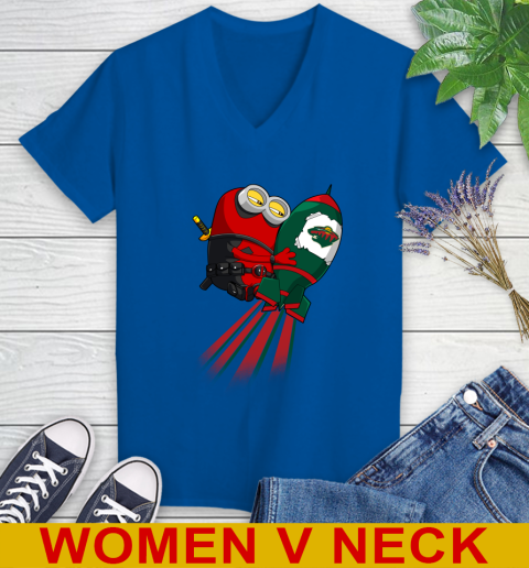 NHL Hockey Minnesota Wild Deadpool Minion Marvel Shirt Women's V-Neck T-Shirt 9