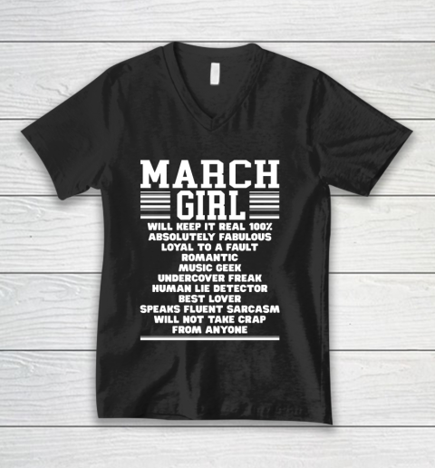 March Girl Facts Gift Funny Birthday Gifts Queen Women Girls V-Neck T-Shirt