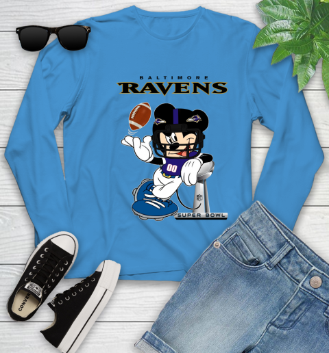 NFL Baltimore Ravens Mickey Mouse Disney Super Bowl Football T Shirt Youth Long Sleeve 7