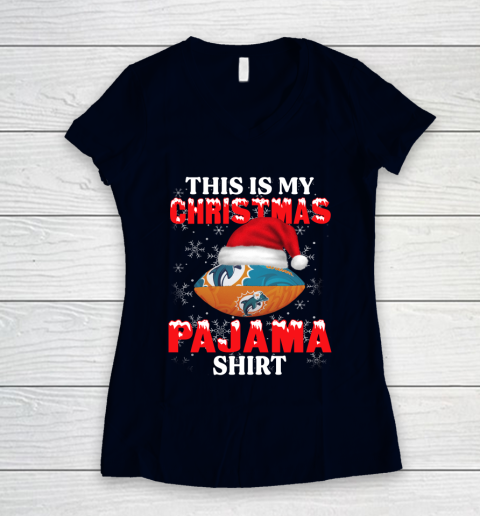 Miami Dolphins This Is My Christmas Pajama Shirt NFL Women's V-Neck T-Shirt 2