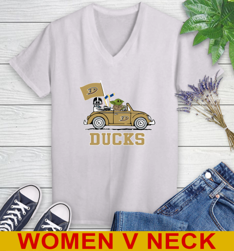 NHL Hockey Anaheim Ducks Darth Vader Baby Yoda Driving Star Wars Shirt Women's V-Neck T-Shirt