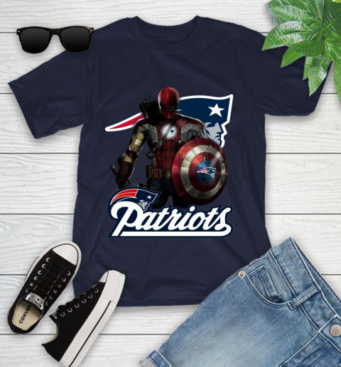 NFL Captain America Thor Spider Man Hawkeye Avengers Endgame Football New England Patriots Youth T-Shirt 3