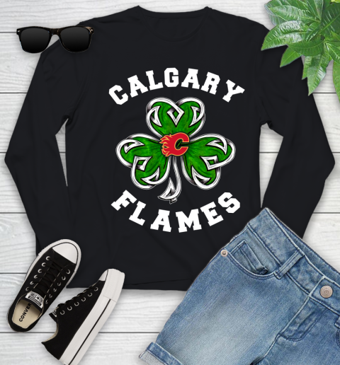 NHL Calgary Flames Three Leaf Clover St Patrick's Day Hockey Sports Youth Long Sleeve