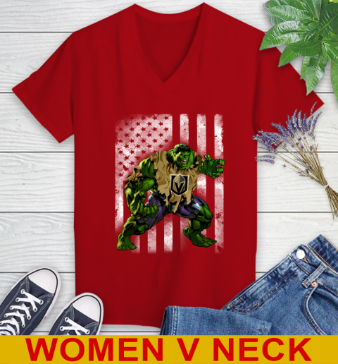 Vegas Golden Knights Hulk Marvel Avengers NHL Hockey American Flag Women's V-Neck T-Shirt 10