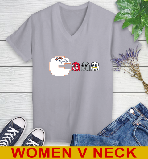 Denver Broncos NFL Football Pac Man Champion Women's V-Neck T-Shirt 5