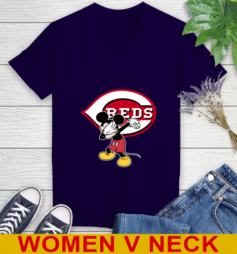 Cincinnati Reds MLB Baseball Dabbing Mickey Disney Sports Women's V-Neck T-Shirt 4