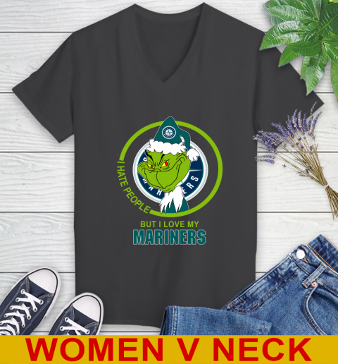 Seattle Mariners MLB Christmas Grinch I Hate People But I Love My Favorite Baseball Team Women's V-Neck T-Shirt 9