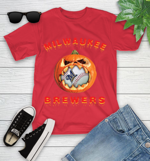 MLB Milwaukee Brewers Halloween Pumpkin Baseball Sports Youth T-Shirt 10