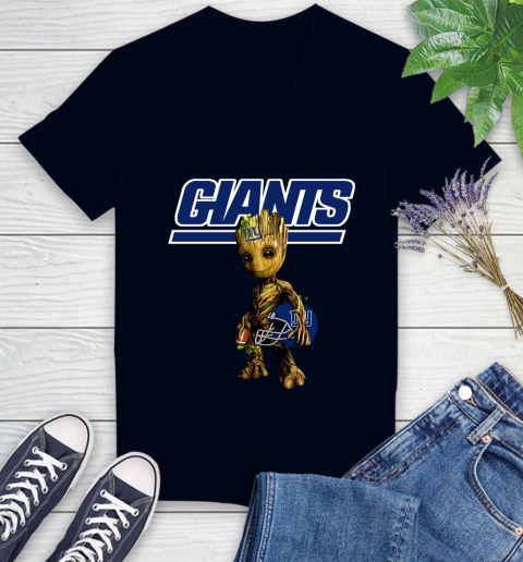 New York Giants NFL Football Groot Marvel Guardians Of The Galaxy Women's V-Neck T-Shirt 3