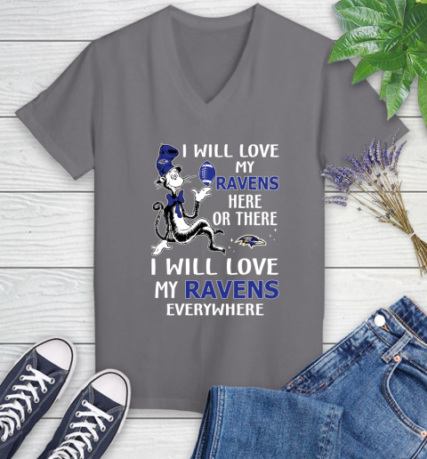NFL Football Baltimore Ravens I Will Love My Ravens Everywhere Dr Seuss Shirt Women's V-Neck T-Shirt 9