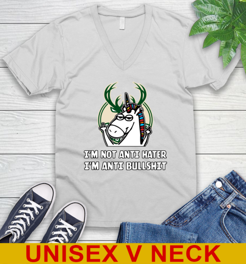 Milwaukee Bucks NBA Basketball Unicorn I'm Not Anti Hater I'm Anti Bullshit V-Neck T-Shirt