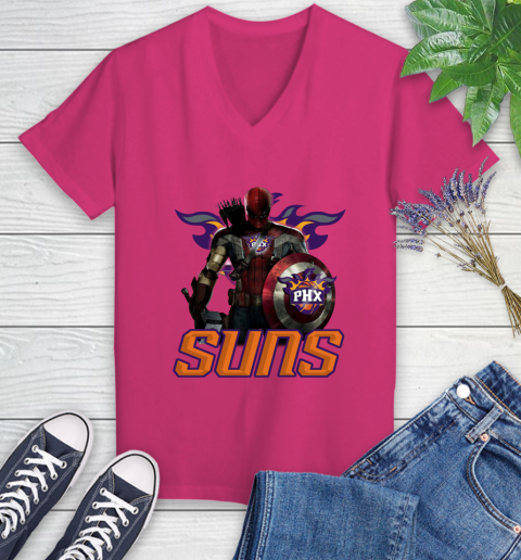 Phoenix Suns NBA Basketball Captain America Thor Spider Man Hawkeye Avengers Women's V-Neck T-Shirt 9
