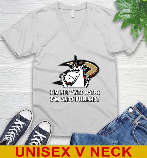 Anaheim Ducks NHL Hockey Unicorn I'm Not Anti Hater I'm Anti Bullshit V-Neck T-Shirt