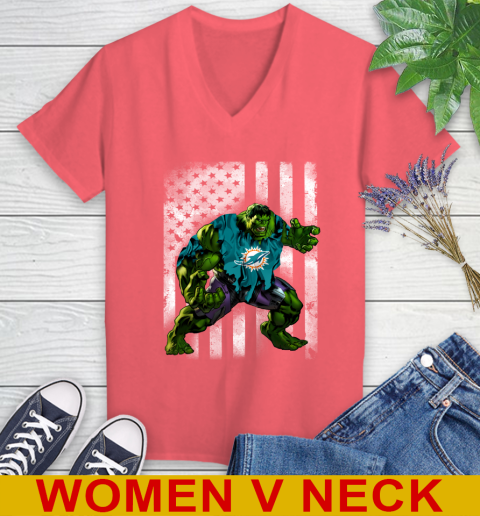 Miami Dolphins Hulk Marvel Avengers NFL Football American Flag Women's V-Neck T-Shirt 6