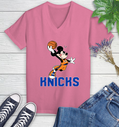 NBA Basketball New York Knicks Cheerful Mickey Mouse Shirt Women's V-Neck T-Shirt 11