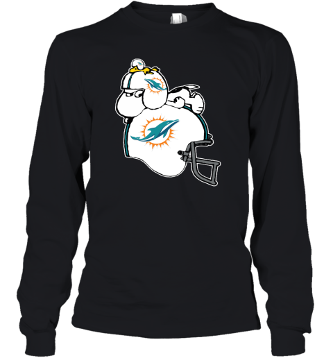 Snoopy And Woodstock Resting On Minami Dolphins Helmet Youth Long Sleeve