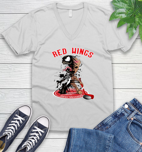 NHL Detroit Red Wings Hockey Venom Groot Guardians Of The Galaxy V-Neck T-Shirt
