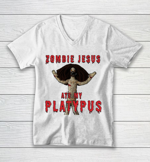Zombie Jesus Ate My Platypus Funny Platypus Platypi Horror Jesus Creepy Jesus Halloween Creepy V-Neck T-Shirt