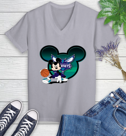 NBA Charlotte Hornets Mickey Mouse Disney Basketball Women's V-Neck T-Shirt 4