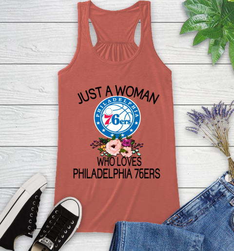 NBA Just A Woman Who Loves Philadelphia 76ers Basketball Sports Racerback Tank 2