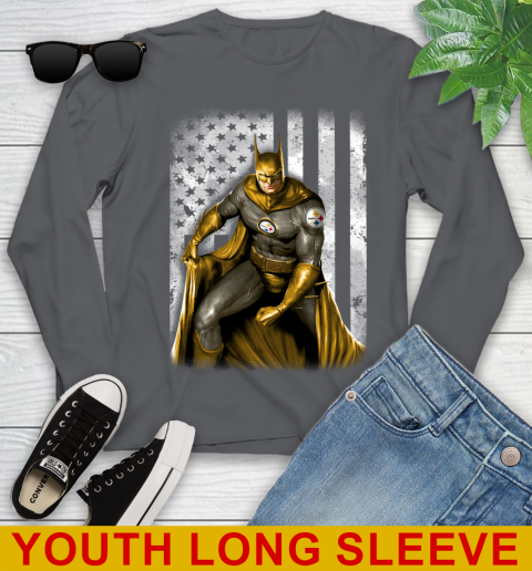 Pittsburgh Steelers NFL Football Batman DC American Flag Shirt Youth Long Sleeve 9
