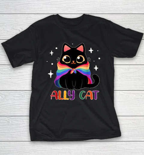 Ally Cat LGBT Gay Rainbow Pride Flag Funny Cat Lover Youth T-Shirt
