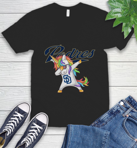 San Diego Padres MLB Baseball Funny Unicorn Dabbing Sports V-Neck T-Shirt 2