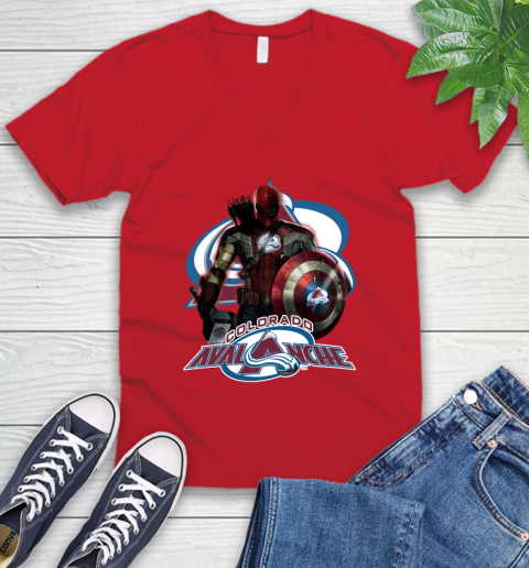 NHL Captain America Thor Spider Man Hawkeye Avengers Endgame Hockey Colorado Avalanche V-Neck T-Shirt 7