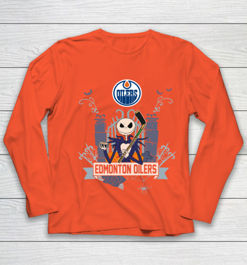 NHL Edmonton Oilers Hockey Jack Skellington Halloween Youth Long Sleeve 3