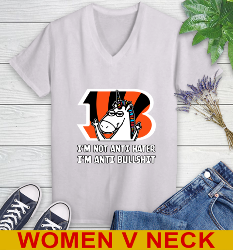 Cincinnati Bengals NFL Football Unicorn I'm Not Anti Hater I'm Anti Bullshit Women's V-Neck T-Shirt