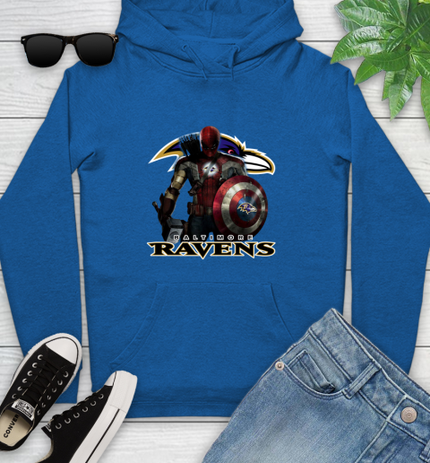 NFL Captain America Thor Spider Man Hawkeye Avengers Endgame Football Baltimore Ravens Youth Hoodie 9