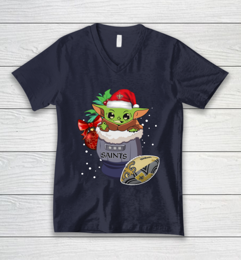 New Orleans Saints Christmas Baby Yoda Star Wars Funny Happy NFL V-Neck T-Shirt 3