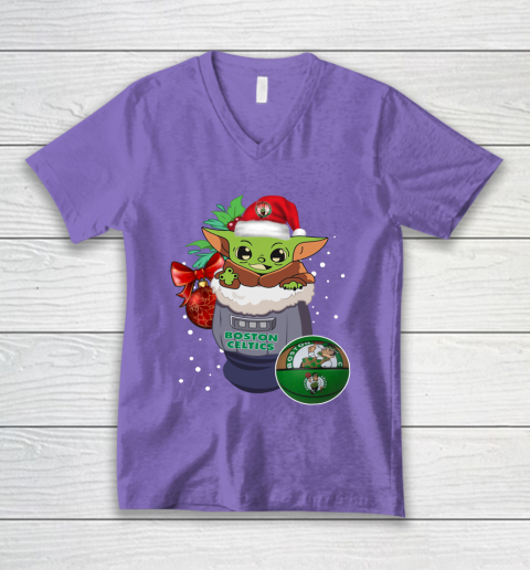 Boston Celtics Christmas Baby Yoda Star Wars Funny Happy NBA V-Neck T-Shirt 9