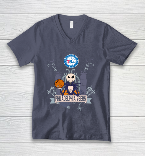 NBA Philadelphia 76ers Basketball Jack Skellington Halloween V-Neck T-Shirt 7