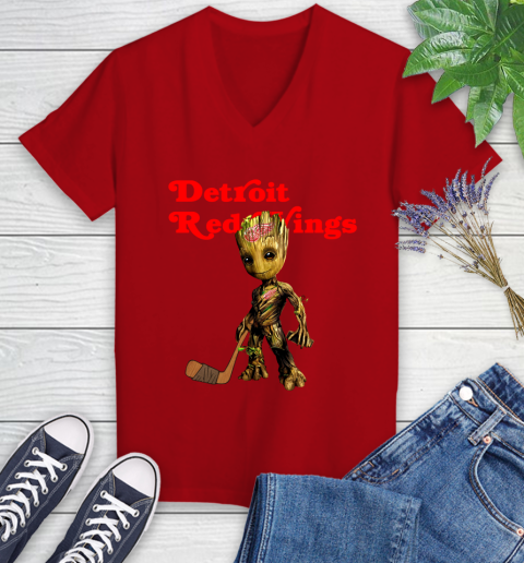 Detroit Red Wings NHL Hockey Groot Marvel Guardians Of The Galaxy Women's V-Neck T-Shirt 12